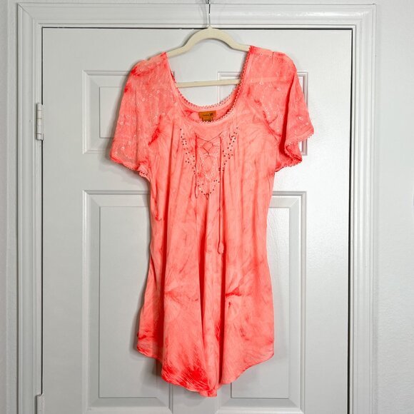 Sakkas Hana Tie Dye Relaxed Fit Embroidery Cap Sleeves Peasant Batik Blouse - Picture 4 of 7